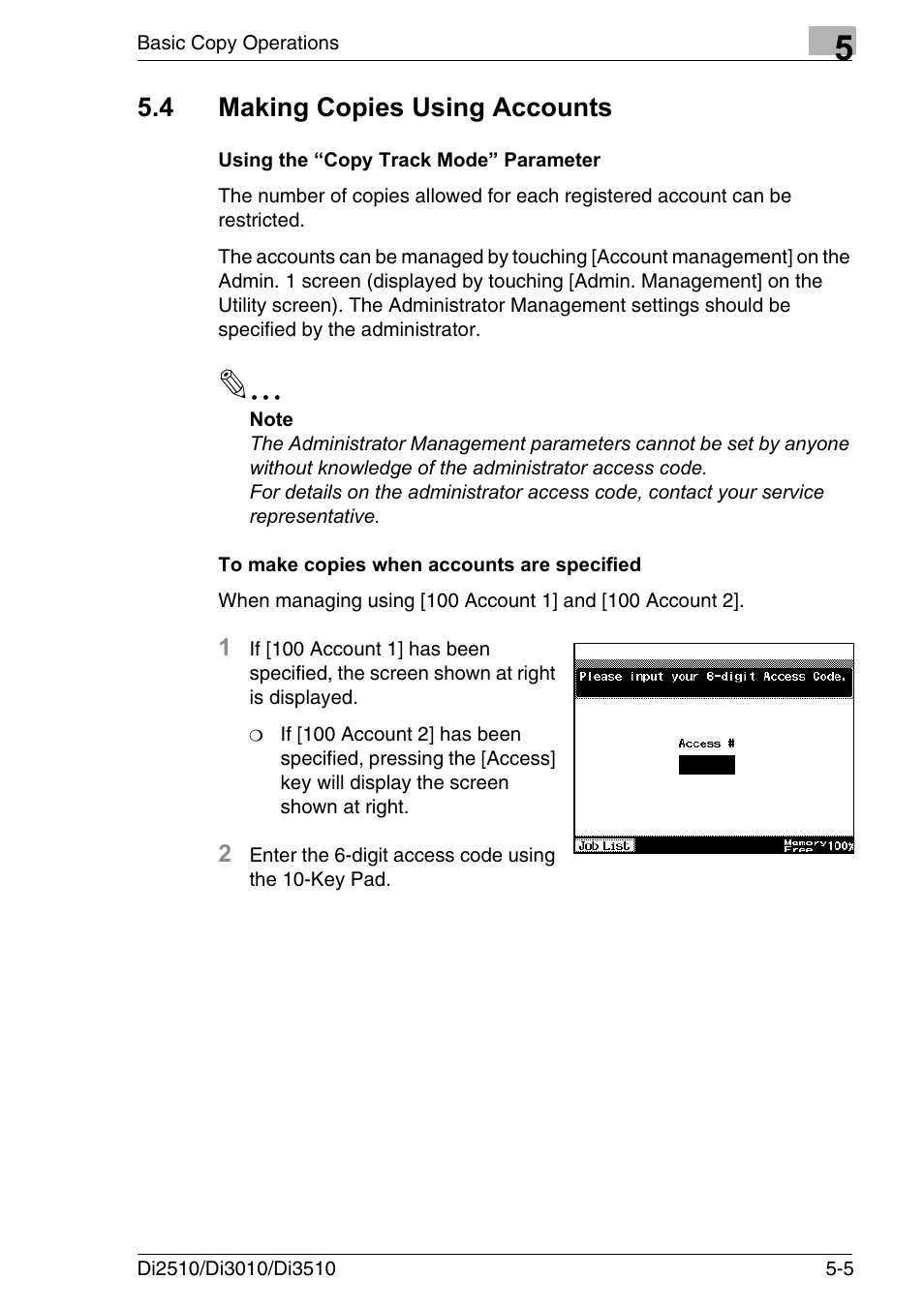4 making copies using accounts, Using the “copy track mode” parameter, To make copies when accounts are specified | Making copies using accounts -5 | Konica Minolta DI3510 User Manual | Page 95 / 334