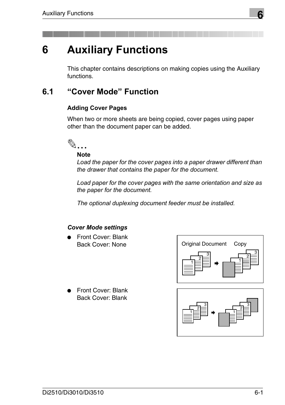 6 auxiliary functions, 1 “cover mode” function, Auxiliary functions | Cover mode” function -1, 6auxiliary functions | Konica Minolta DI3510 User Manual | Page 97 / 334