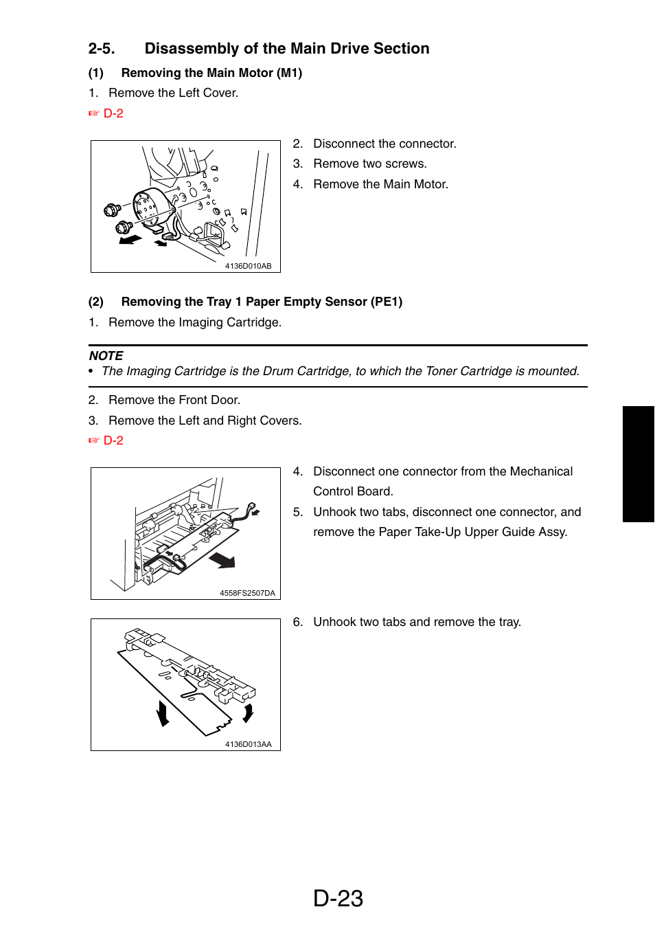 5. disassembly of the main drive section, 1) removing the main motor (m1), 2) removing the tray 1 paper empty sensor (pe1) | D-23 | Konica Minolta PagePro 1390 MF User Manual | Page 65 / 178