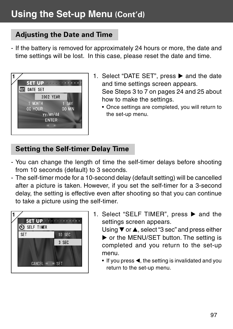 Adjusting the date and time, Setting the self-timer delay time, Using the set-up menu | Cont’d) | Konica Minolta Digital Revio KD-500Z User Manual | Page 97 / 125