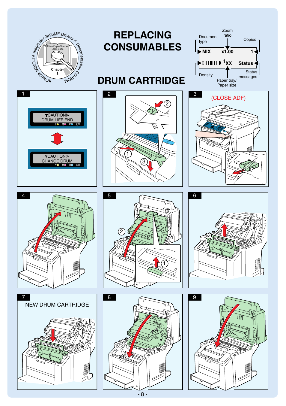 Replacing consumables, Drum cartridge | Konica Minolta Magicolor 2490 MF User Manual | Page 8 / 8