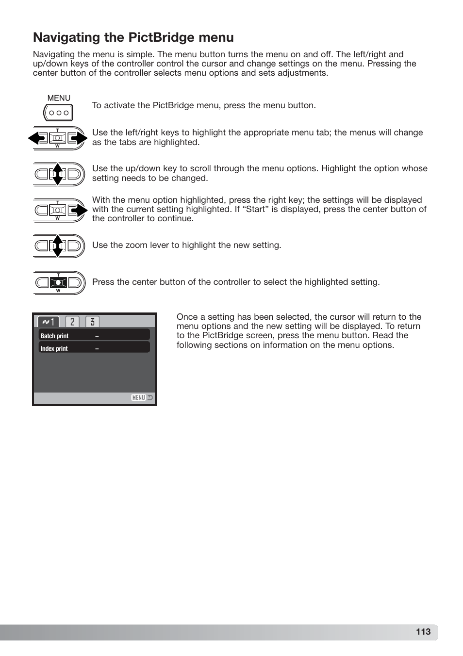Navigating the pictbridge menu | Konica Minolta xg User Manual | Page 113 / 132