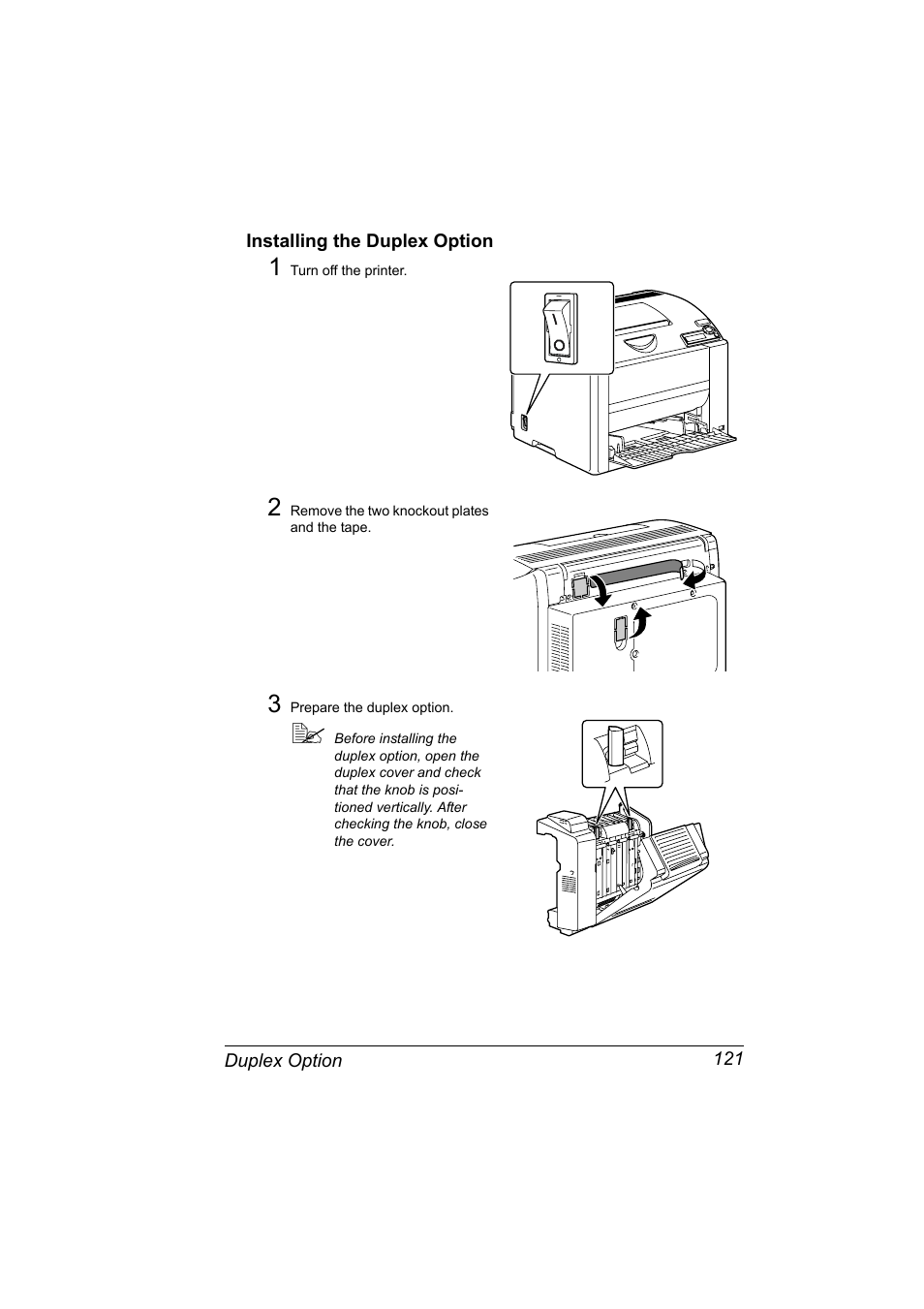 Installing the duplex option, Installing the duplex option 121 | Konica Minolta Magicolor 2430DL User Manual | Page 129 / 144