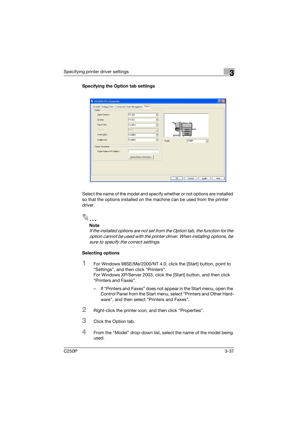 Specifying the option tab settings, Selecting options | Konica Minolta C250P User Manual | Page 170 / 498