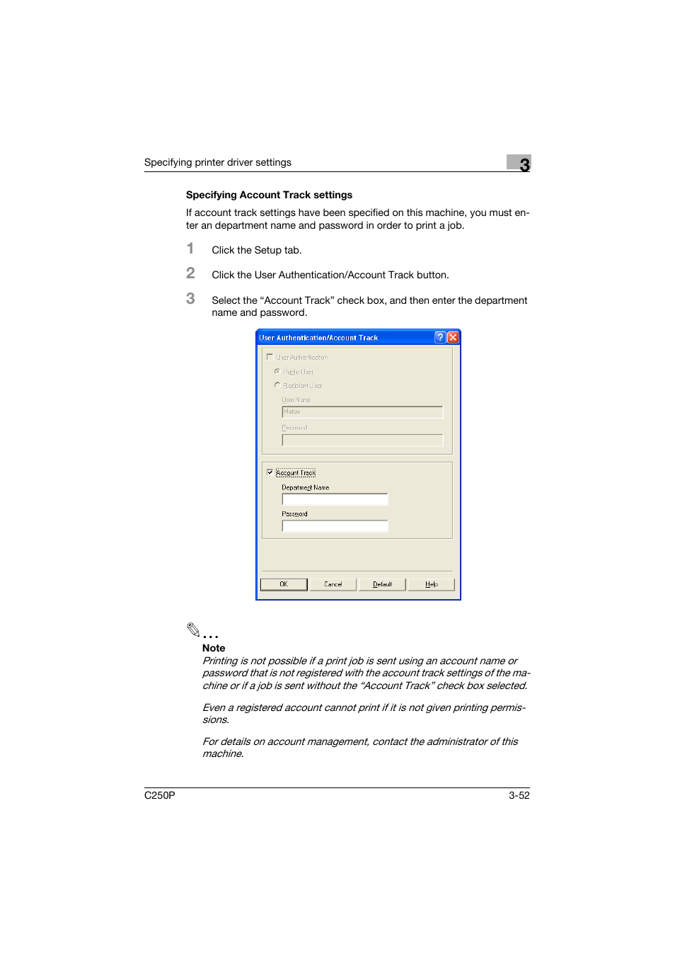 Specifying account track settings, Specifying account track settings -52 | Konica Minolta C250P User Manual | Page 185 / 498