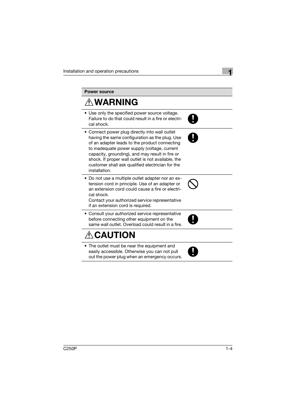 Warning, Caution | Konica Minolta C250P User Manual | Page 23 / 498