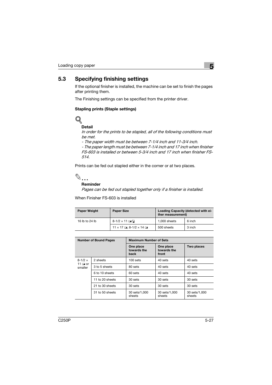 3 specifying finishing settings, Stapling prints (staple settings), Specifying finishing settings -27 | Stapling prints (staple settings) -27 | Konica Minolta C250P User Manual | Page 322 / 498