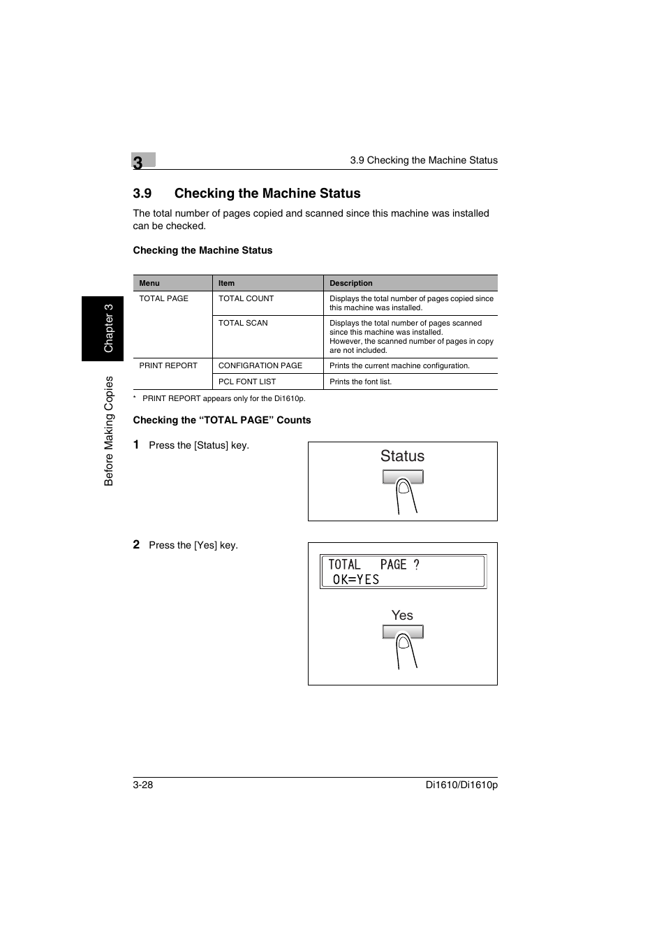 9 checking the machine status, Checking the machine status, Checking the machine status -28 | Status | Konica Minolta Di1610 User Manual | Page 57 / 148