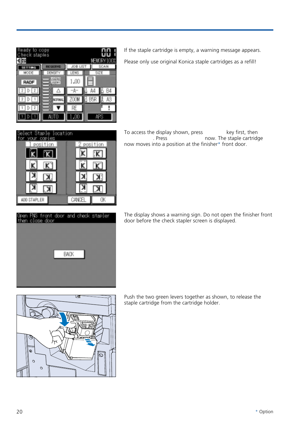 How to supply paper, toner, staples, 3 supply staples | Konica Minolta 7020 User Manual | Page 20 / 58