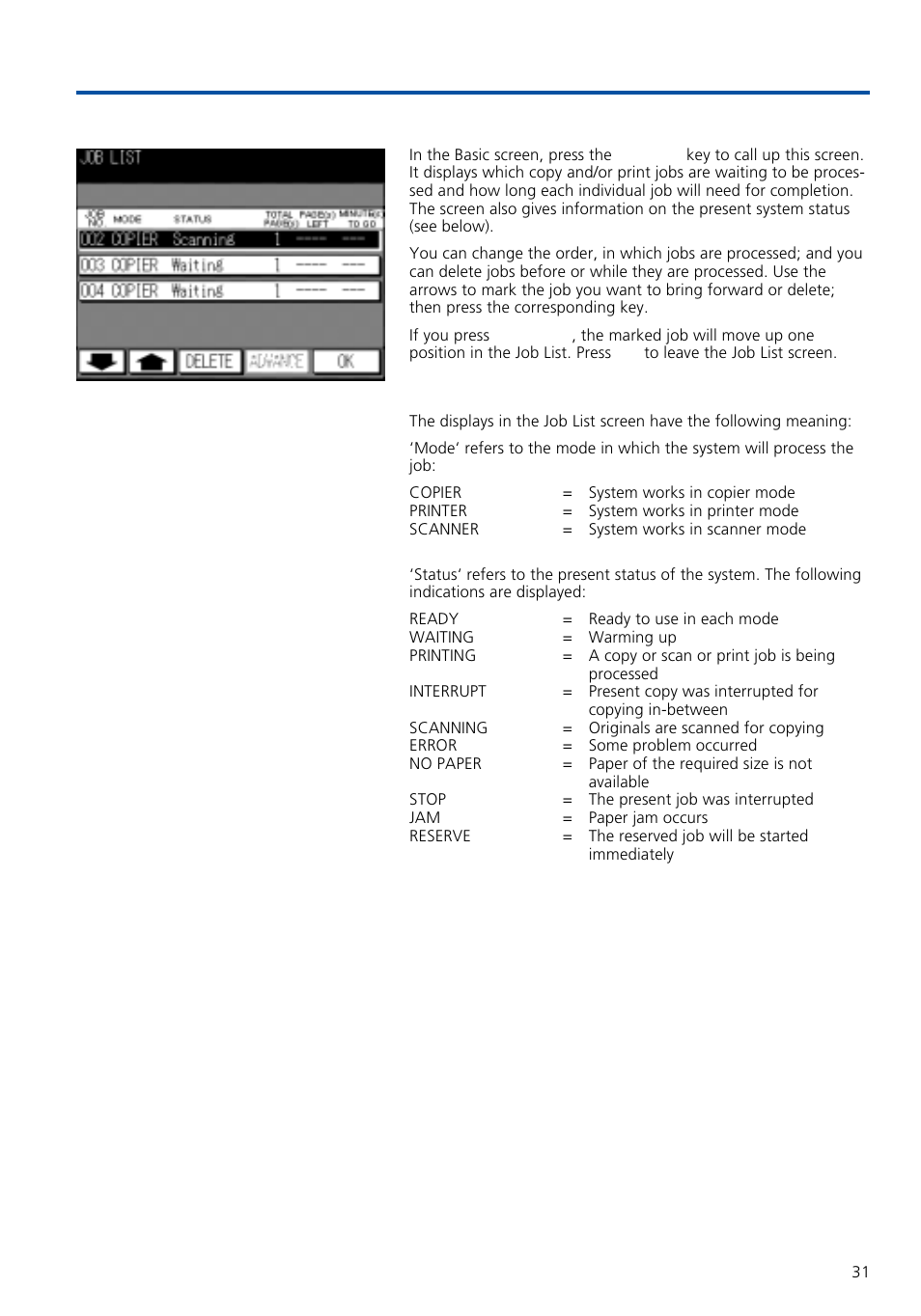 Other basic functions, 3 job list / advance or delete jobs | Konica Minolta 7020 User Manual | Page 31 / 58