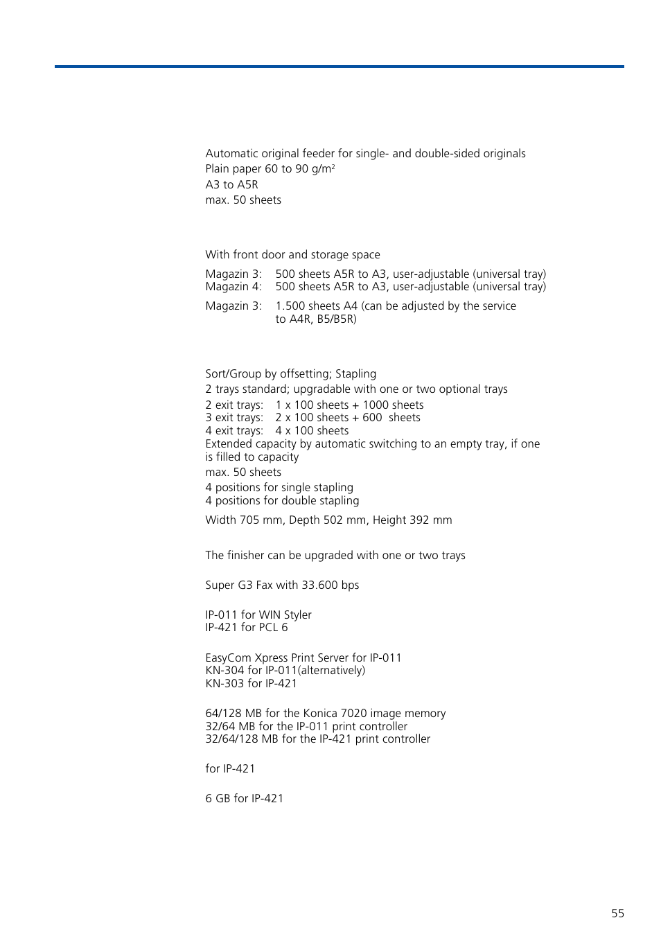 Technical specifications konica 7020 | Konica Minolta 7020 User Manual | Page 55 / 58