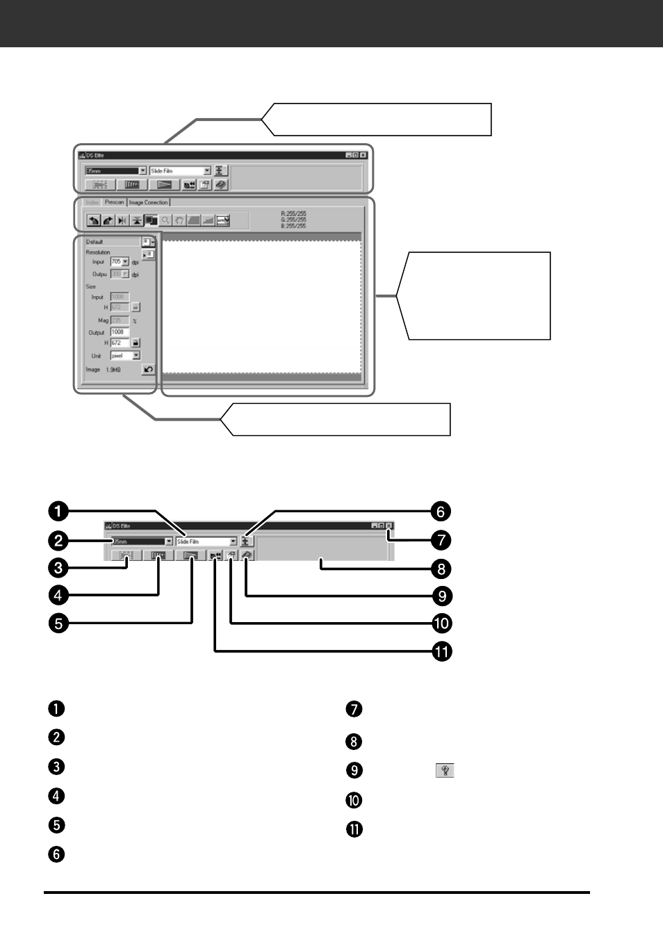 Main window command window - names of parts, Main window—name of parts | Konica Minolta F-2900 User Manual | Page 22 / 85