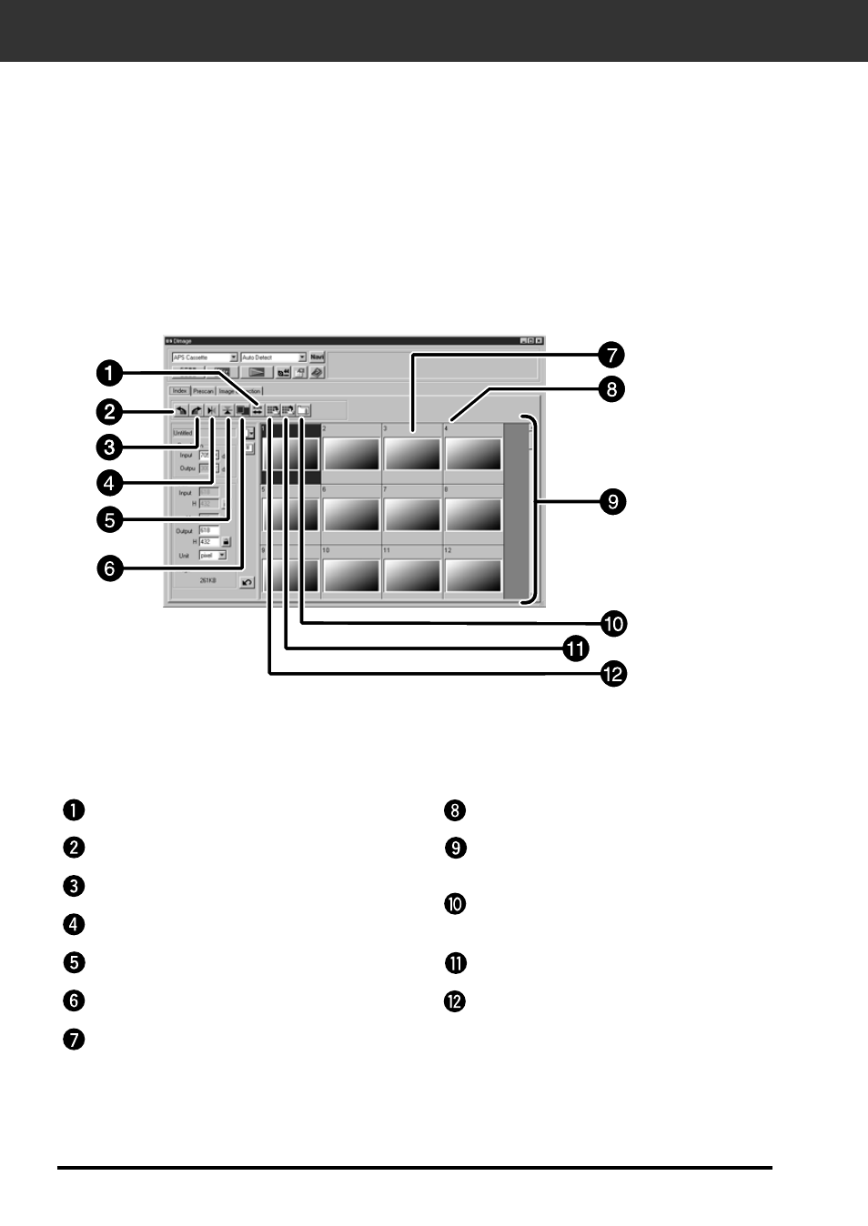 Index scan, Index tab – names of parts, Index window – names of parts | Konica Minolta F-2900 User Manual | Page 62 / 85