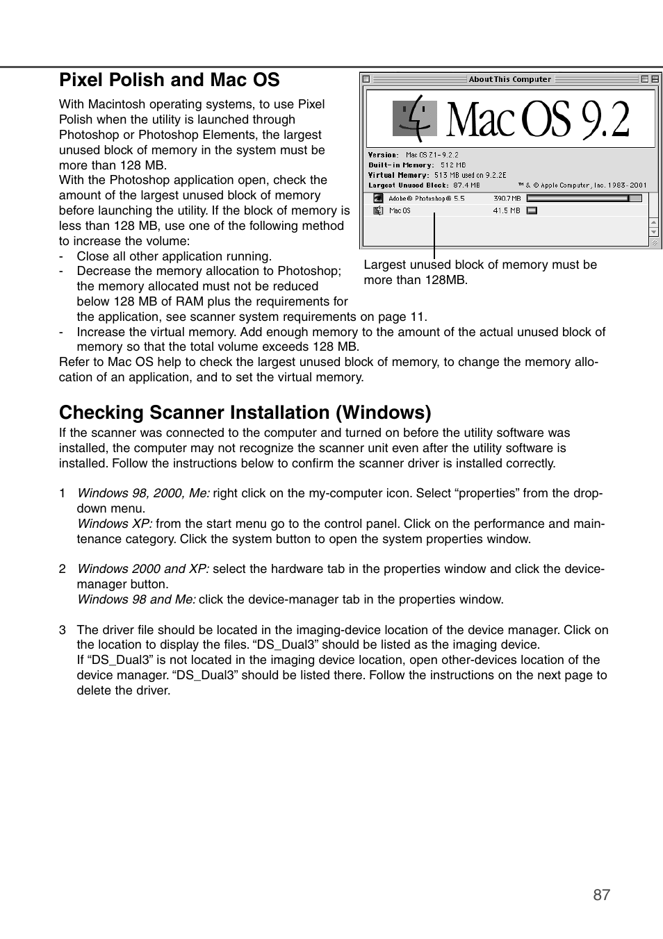 Checking scanner installation (windows), Pixel polish and mac os | Konica Minolta DiMAGE Scan Dual III AF-2840 User Manual | Page 87 / 92