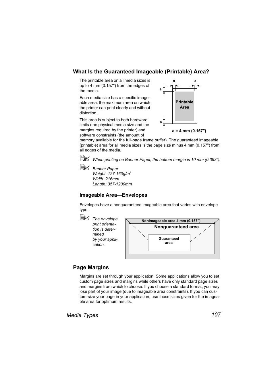 What is the guaranteed imageable (printable) area, Imageable area-envelopes, Imageable area—envelopes 107 | Konica Minolta BIZHUB C30P User Manual | Page 121 / 276