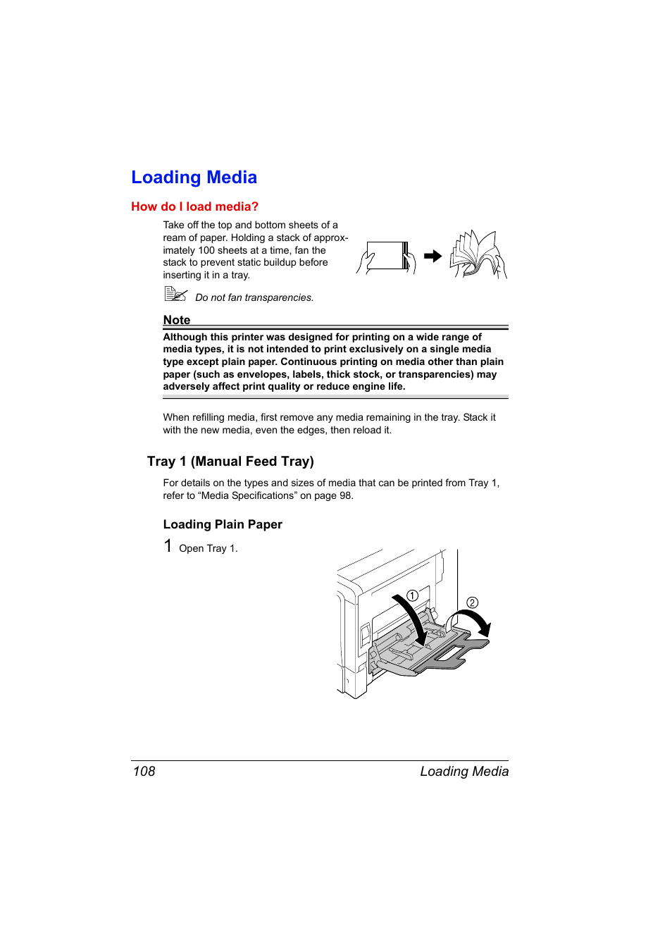 Loading media, Tray 1 (manual feed tray), Loading plain paper | Loading media 108, Tray 1 (manual feed tray) 108, Loading plain paper 108 | Konica Minolta BIZHUB C30P User Manual | Page 122 / 276