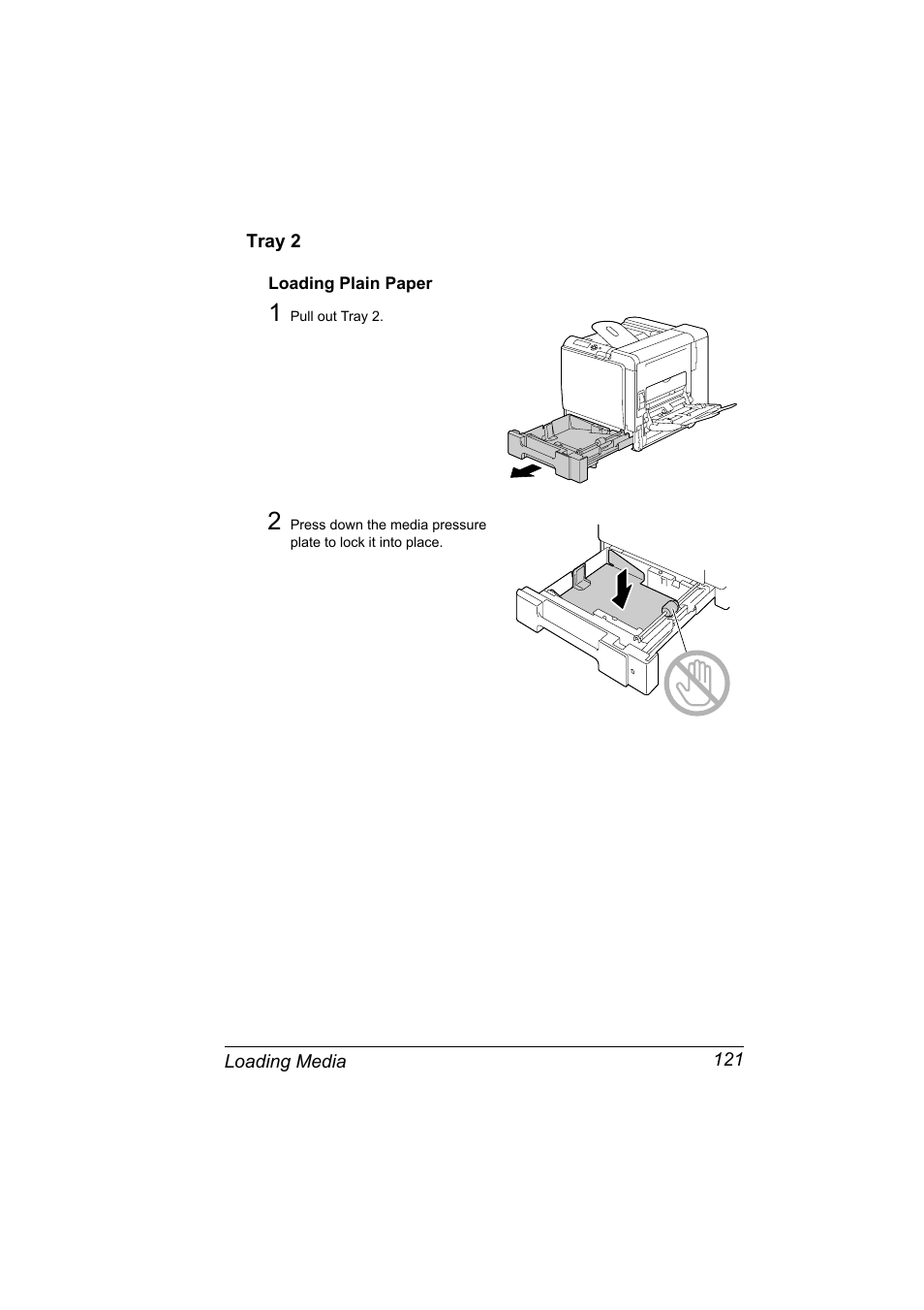 Tray 2, Loading plain paper, Tray 2 121 | Loading plain paper 121 | Konica Minolta BIZHUB C30P User Manual | Page 135 / 276