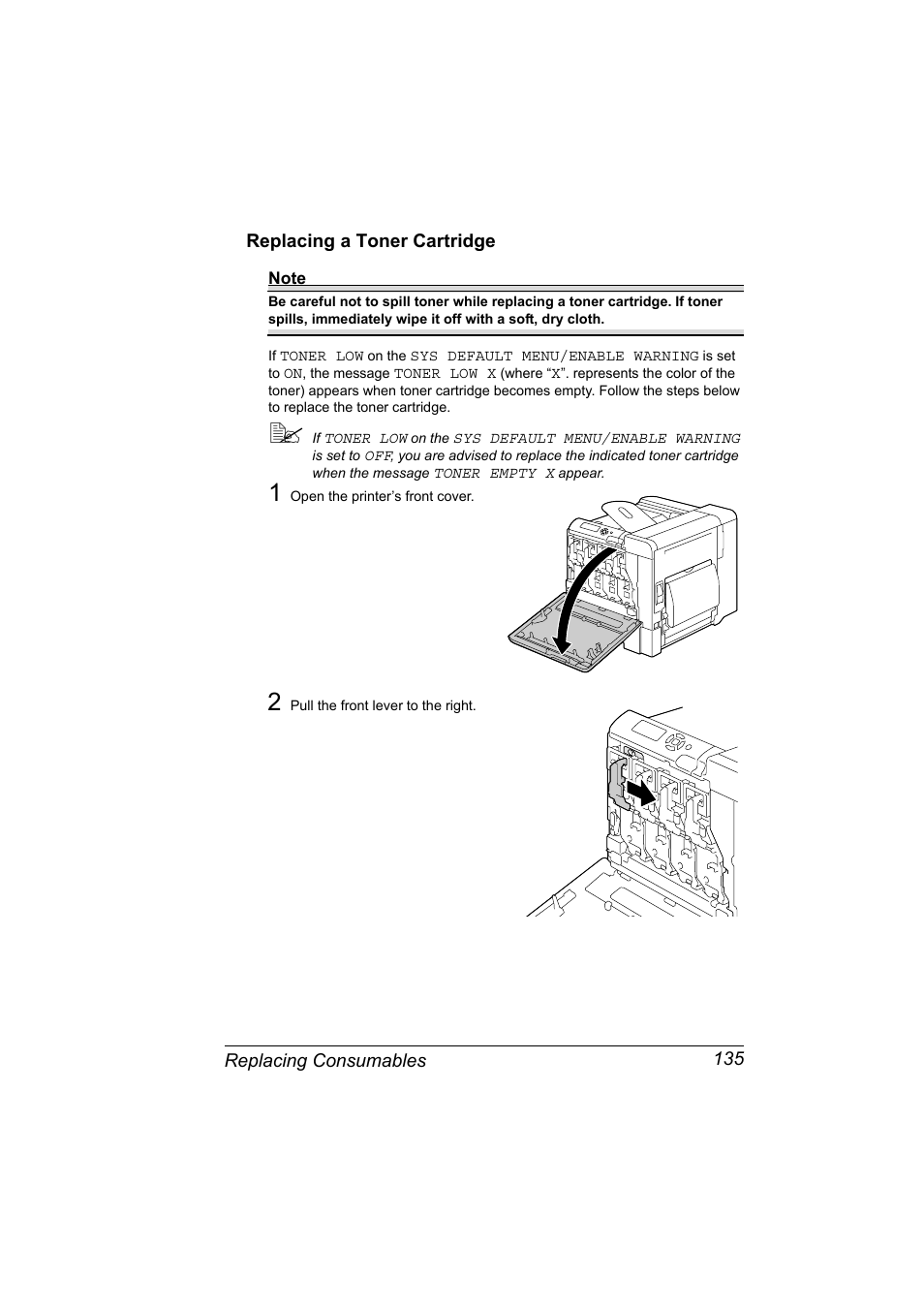 Replacing a toner cartridge, Replacing a toner cartridge 135 | Konica Minolta BIZHUB C30P User Manual | Page 149 / 276