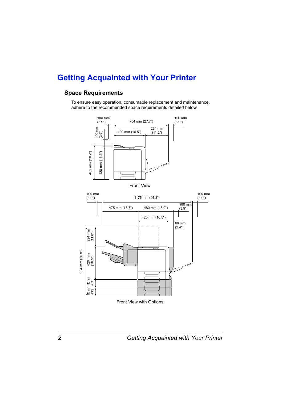 Getting acquainted with your printer, Space requirements, Getting acquainted with your printer 2 | Space requirements 2 | Konica Minolta BIZHUB C30P User Manual | Page 16 / 276