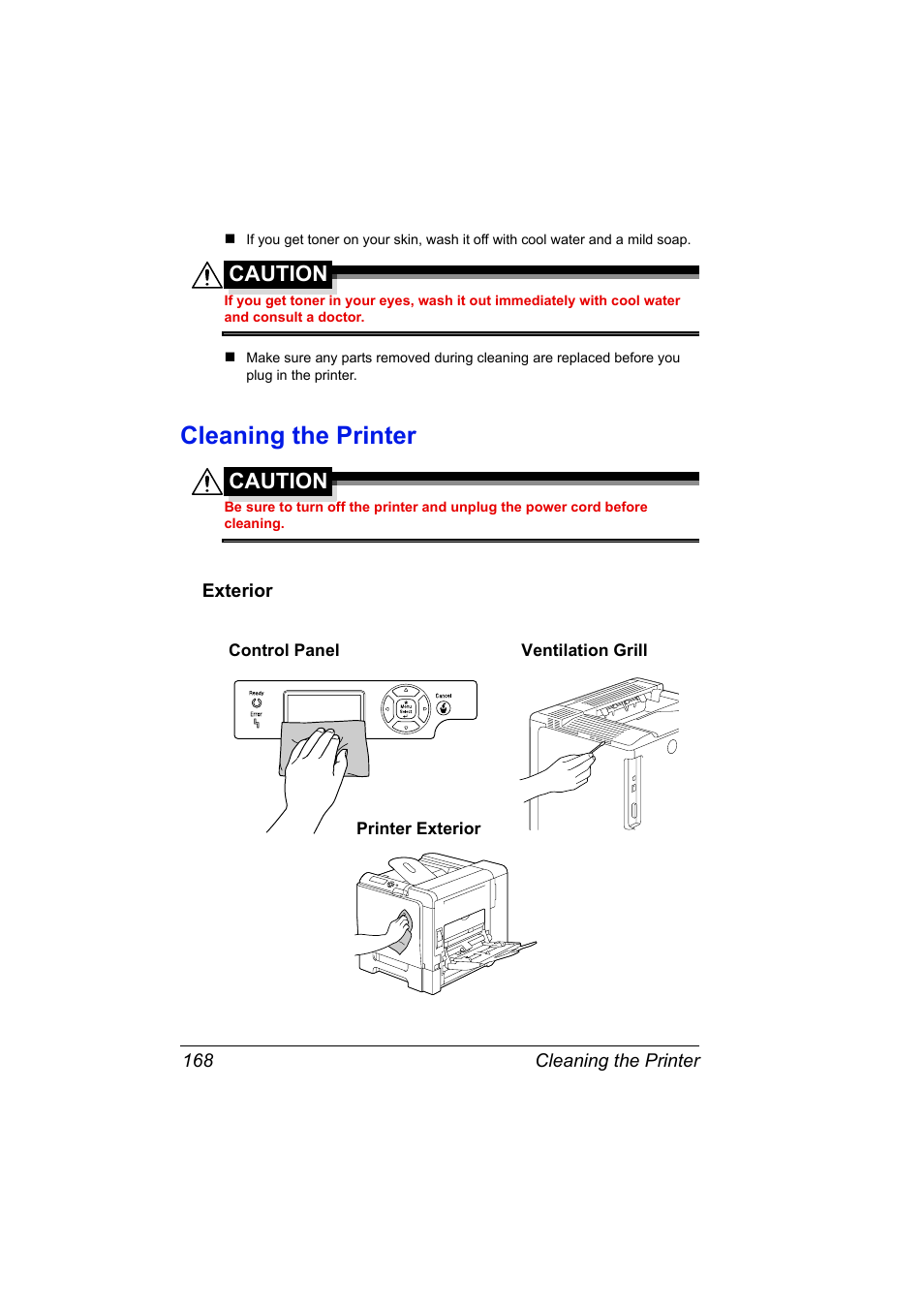 Cleaning the printer, Exterior, Cleaning the printer 168 | Exterior 168, Caution | Konica Minolta BIZHUB C30P User Manual | Page 182 / 276