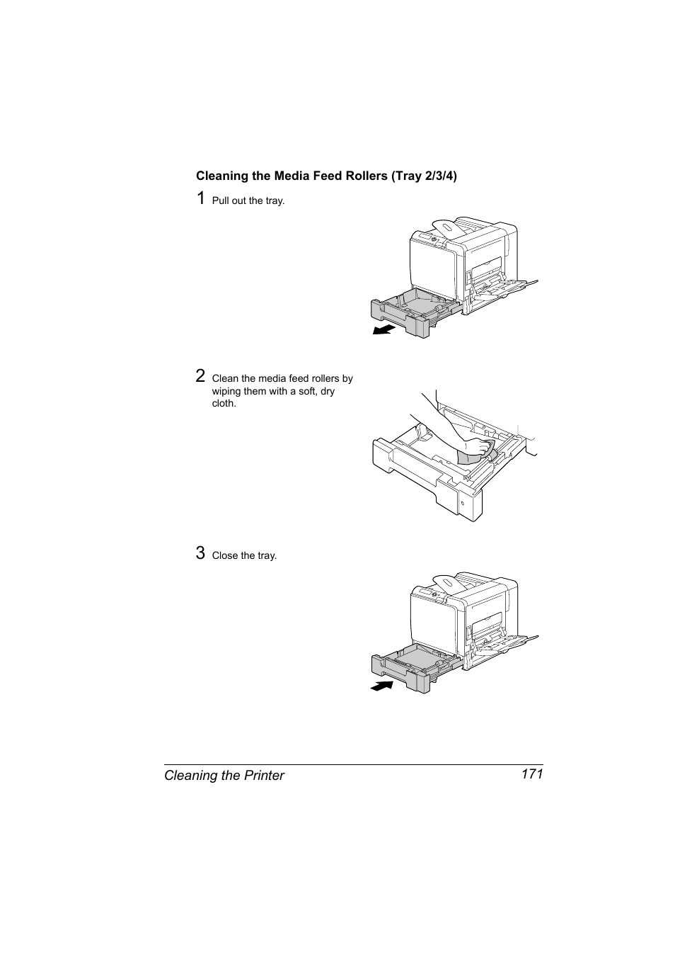 Cleaning the media feed rollers (tray 2/3/4), Cleaning the media feed rollers (tray 2/3/4) 171 | Konica Minolta BIZHUB C30P User Manual | Page 185 / 276