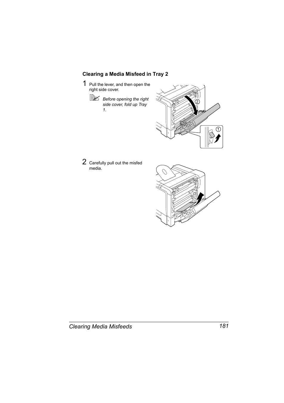 Clearing a media misfeed in tray 2, Clearing a media misfeed in tray 2 181 | Konica Minolta BIZHUB C30P User Manual | Page 195 / 276