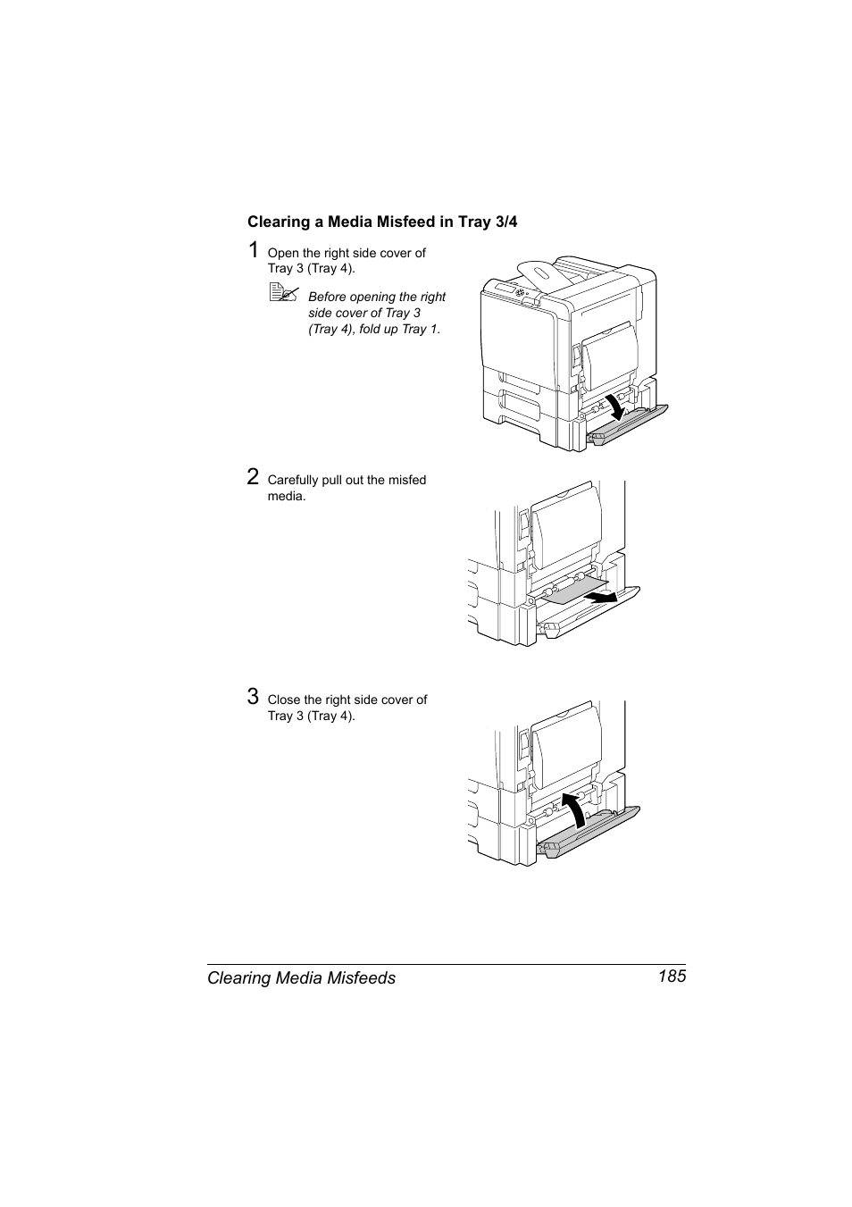 Clearing a media misfeed in tray 3/4, Clearing a media misfeed in tray 3/4 185 | Konica Minolta BIZHUB C30P User Manual | Page 199 / 276