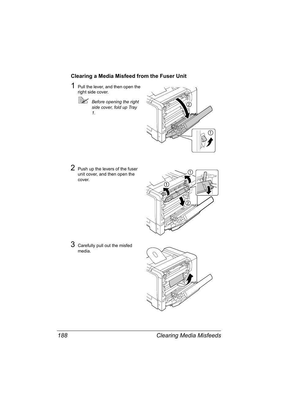 Clearing a media misfeed from the fuser unit, Clearing a media misfeed from the fuser unit 188 | Konica Minolta BIZHUB C30P User Manual | Page 202 / 276