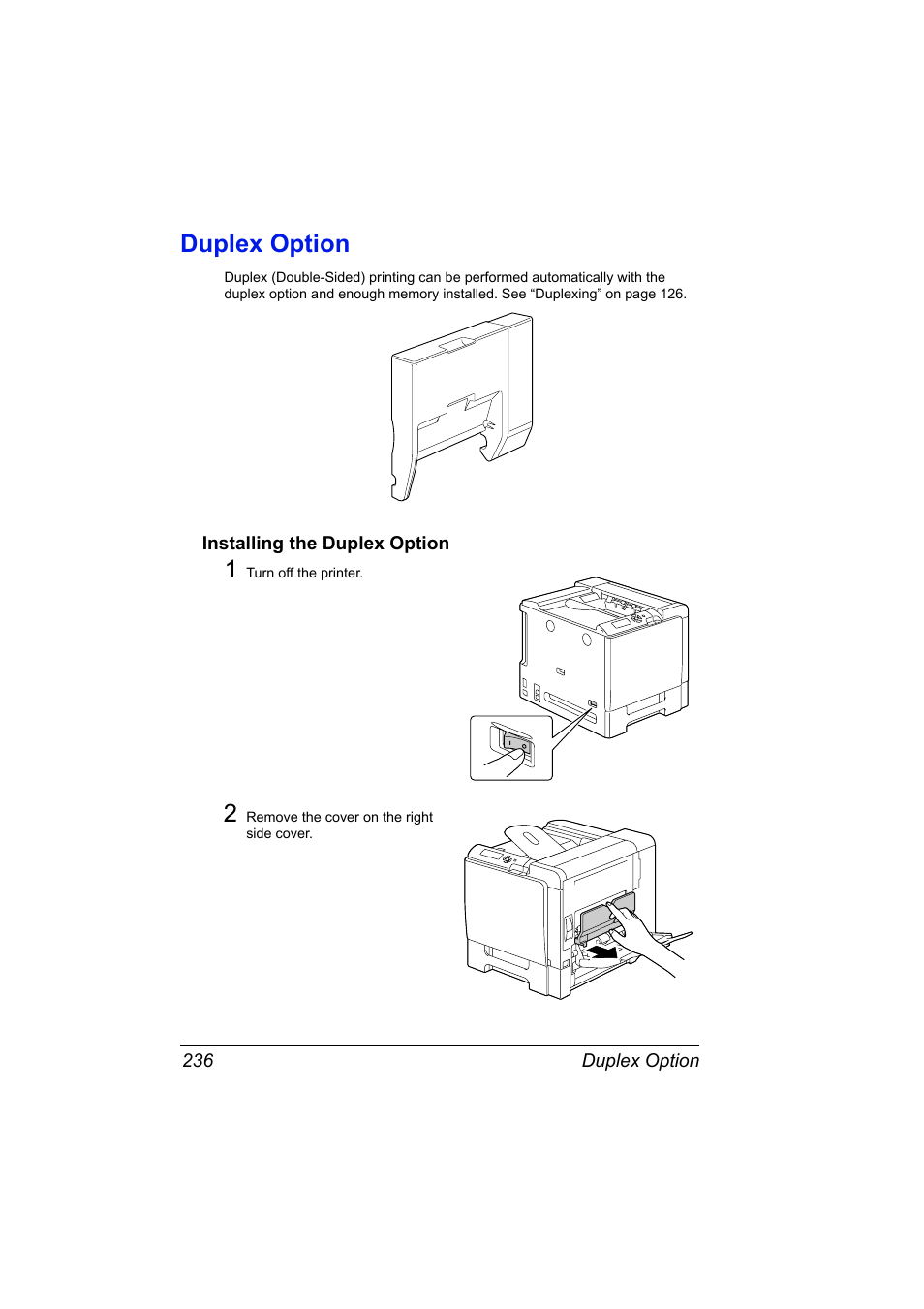 Duplex option, Installing the duplex option, Duplex option 236 | Installing the duplex option 236 | Konica Minolta BIZHUB C30P User Manual | Page 250 / 276