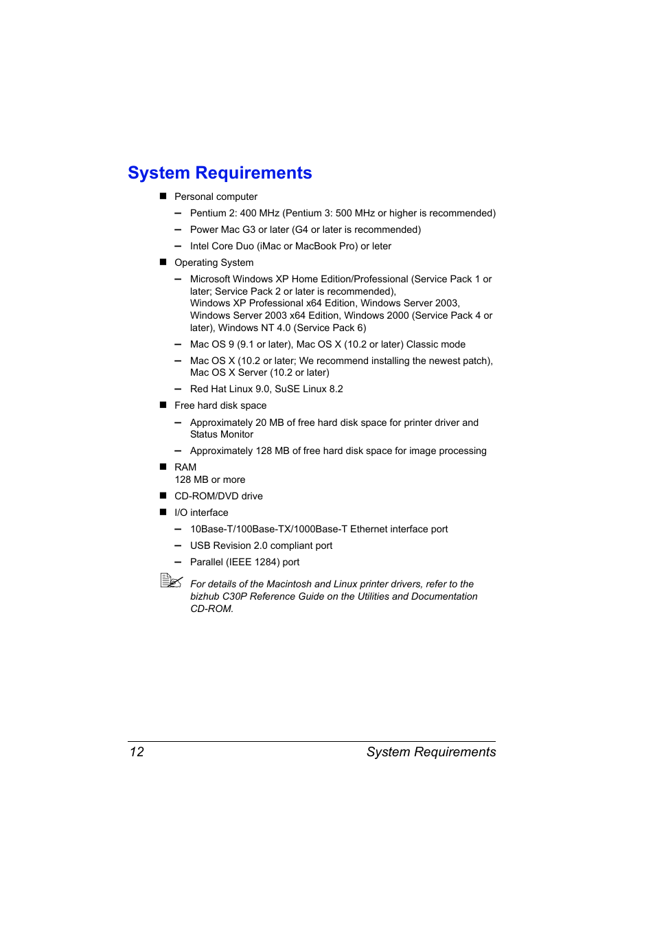 System requirements, System requirements 12 | Konica Minolta BIZHUB C30P User Manual | Page 26 / 276