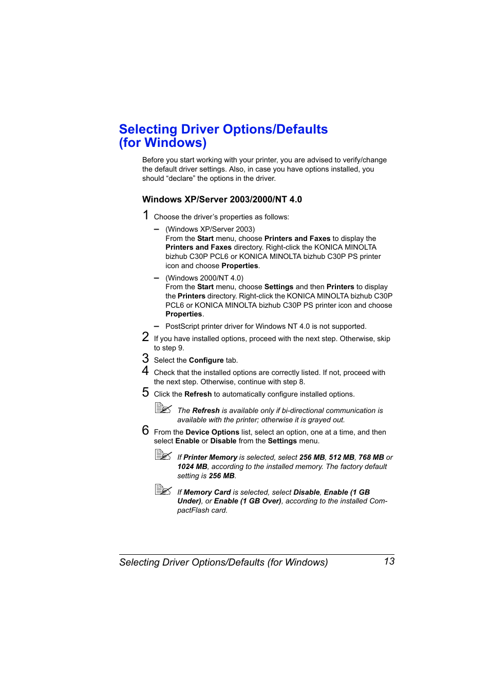 Selecting driver options/defaults (for windows), Windows xp/server 2003/2000/nt 4.0, Selecting driver options/defaults | For windows) 13, Windows xp/server 2003/2000/nt 4.0 13 | Konica Minolta BIZHUB C30P User Manual | Page 27 / 276