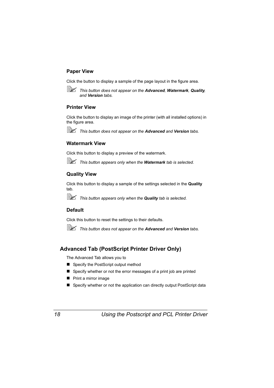 Paper view, Printer view, Watermark view | Quality view, Default, Advanced tab (postscript printer driver only), Advanced tab (postscript printer driver only) 18 | Konica Minolta BIZHUB C30P User Manual | Page 32 / 276