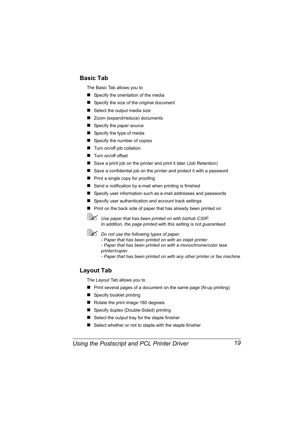 Basic tab, Layout tab, Basic tab 19 layout tab 19 | Konica Minolta BIZHUB C30P User Manual | Page 33 / 276