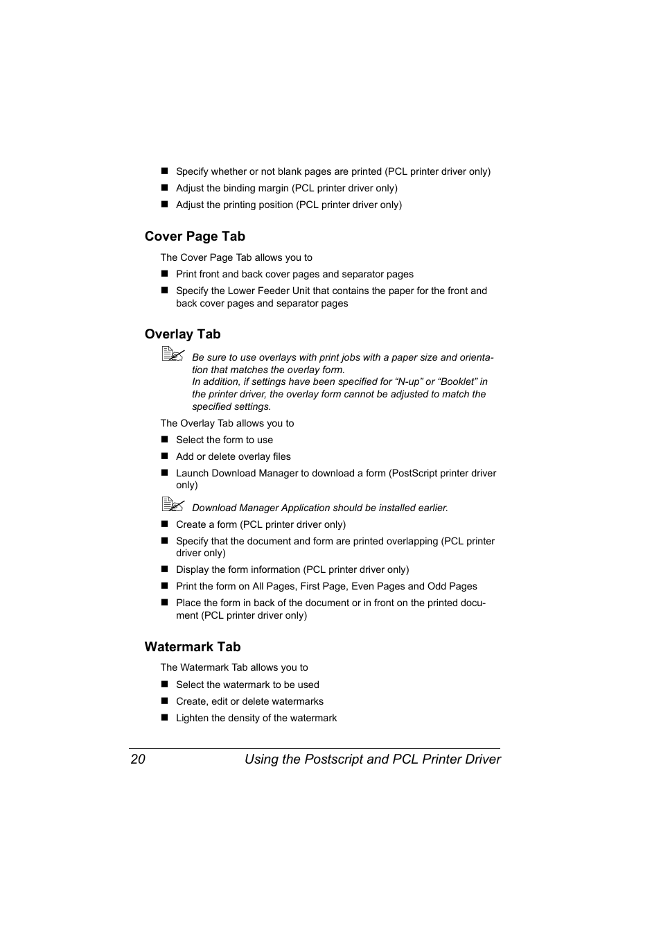 Overlay tab, Watermark tab | Konica Minolta BIZHUB C30P User Manual | Page 34 / 276