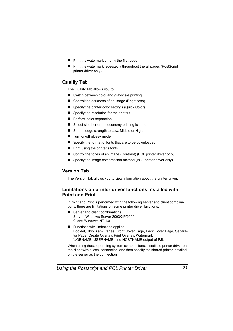 Quality tab, Version tab, Using the postscript and pcl printer driver 21 | Konica Minolta BIZHUB C30P User Manual | Page 35 / 276
