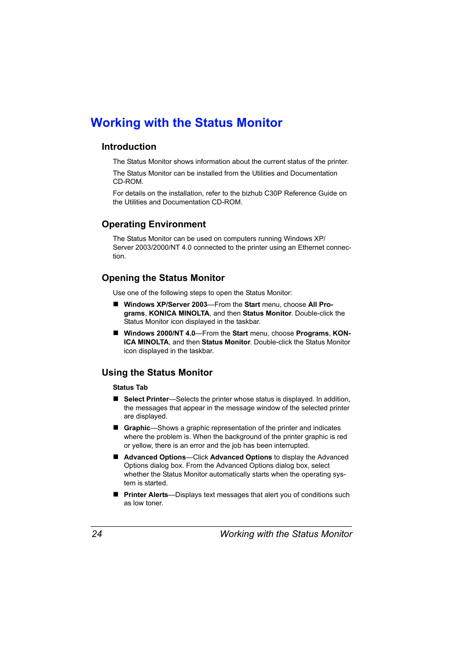Working with the status monitor, Introduction, Operating environment | Opening the status monitor, Using the status monitor, Working with the status monitor 24 | Konica Minolta BIZHUB C30P User Manual | Page 38 / 276