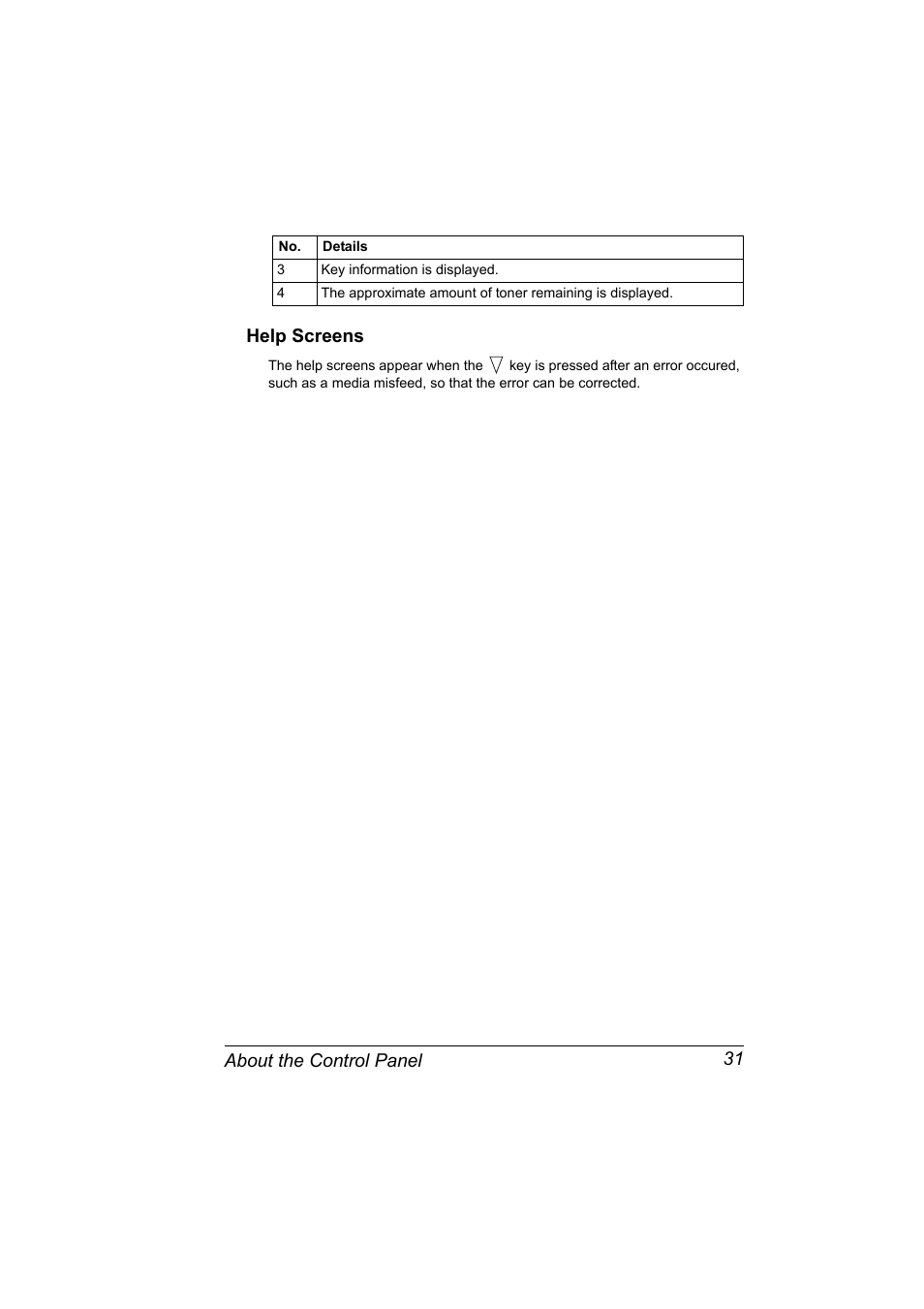 Help screens, Help screens 31, About the control panel 31 help screens | Konica Minolta BIZHUB C30P User Manual | Page 45 / 276