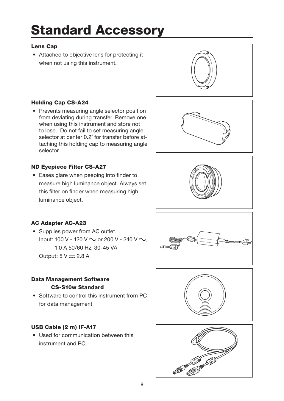 Standard accessory, Standard accessory ………………… 8 | Konica Minolta Chroma Meter CS-200 User Manual | Page 10 / 124