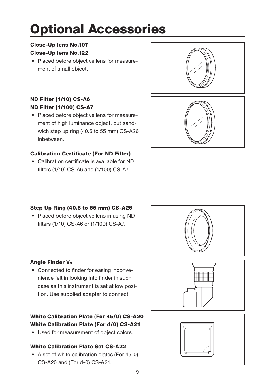 Optional accessories, Optional accessories ………………… 9 | Konica Minolta Chroma Meter CS-200 User Manual | Page 11 / 124