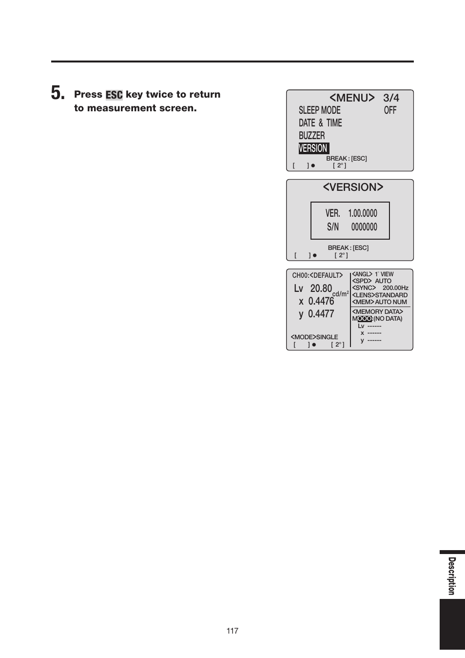 Menu, 3/4 sleep mode off date & time buzzer version, Lv 20.80 | Version | Konica Minolta Chroma Meter CS-200 User Manual | Page 119 / 124