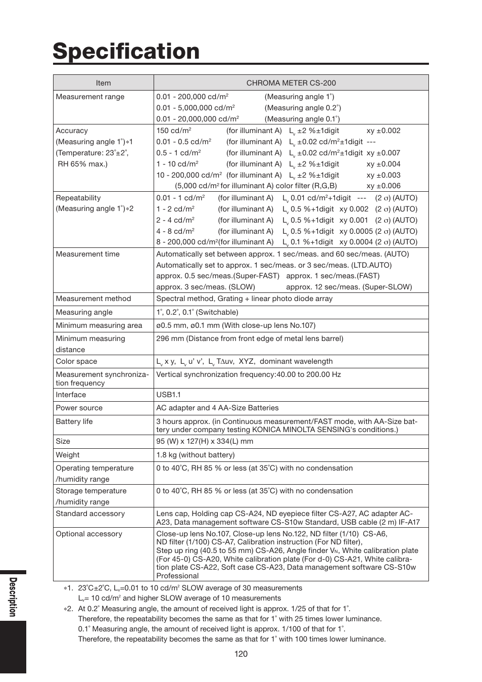Specification, De scr ipti on | Konica Minolta Chroma Meter CS-200 User Manual | Page 122 / 124