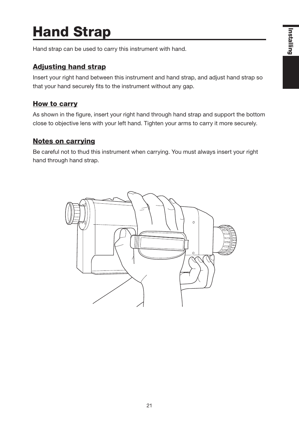 Hand strap, Hand strap …………………………… 2, Adjusting hand strap ……………………… 2 | How to carry ………………………………… 2, Notes on carrying ………………………… 2 | Konica Minolta Chroma Meter CS-200 User Manual | Page 23 / 124