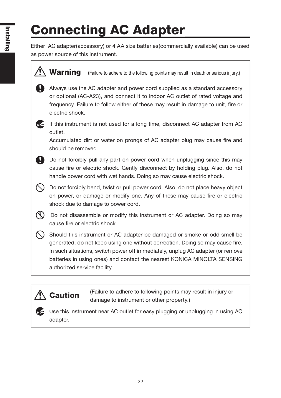 Connecting ac adapter, Connecting ac adapter …………… 2, Warning | Caution | Konica Minolta Chroma Meter CS-200 User Manual | Page 24 / 124