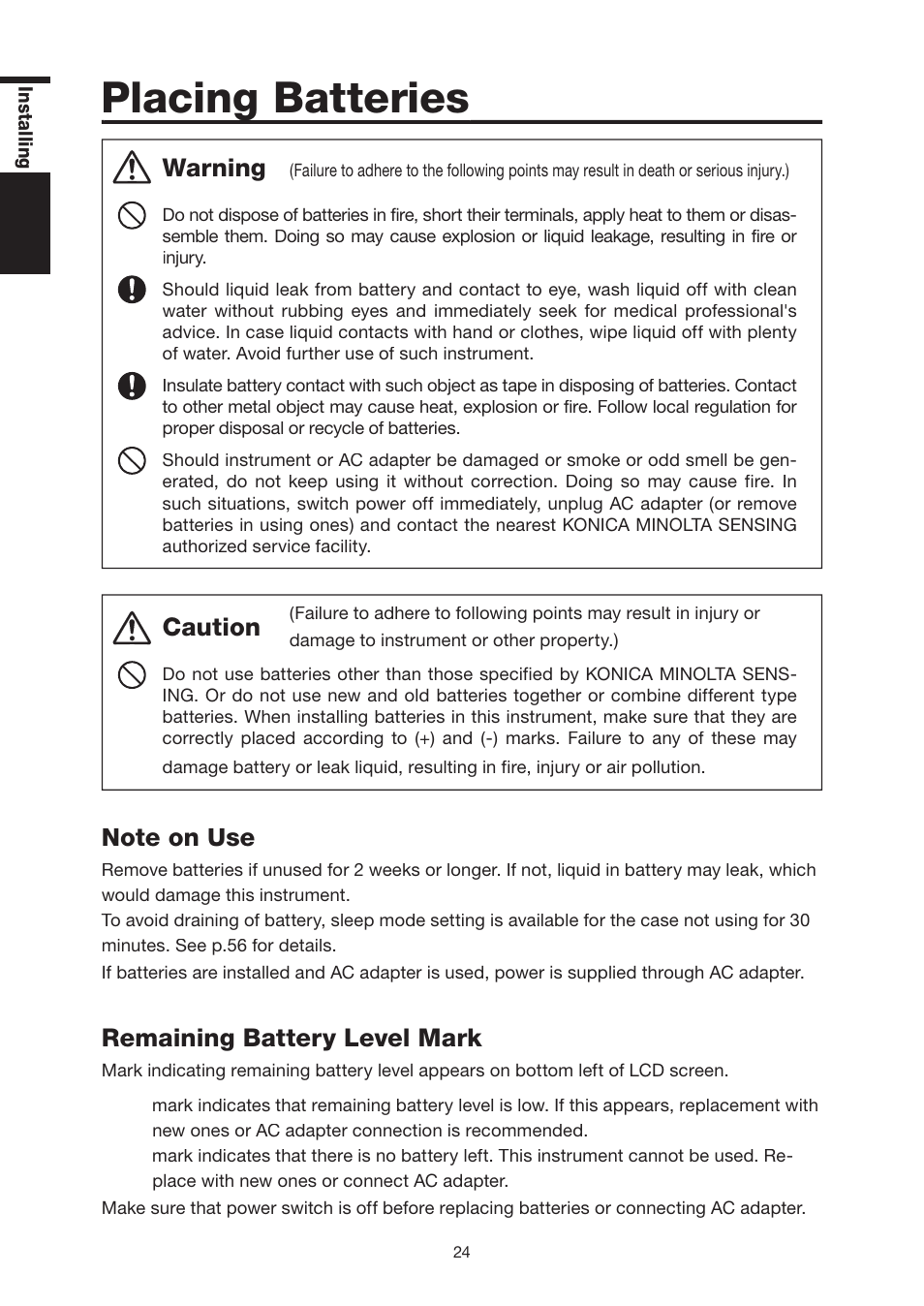 Placing batteries, Placing batteries …………………… 2, Note on use …………………………… 2 | Remaining battery level mark ……… 2, Warning, Caution, Remaining battery level mark | Konica Minolta Chroma Meter CS-200 User Manual | Page 26 / 124