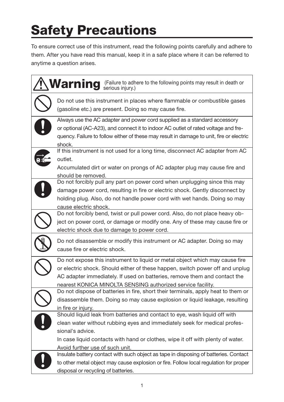 Safety precautions, Warning | Konica Minolta Chroma Meter CS-200 User Manual | Page 3 / 124