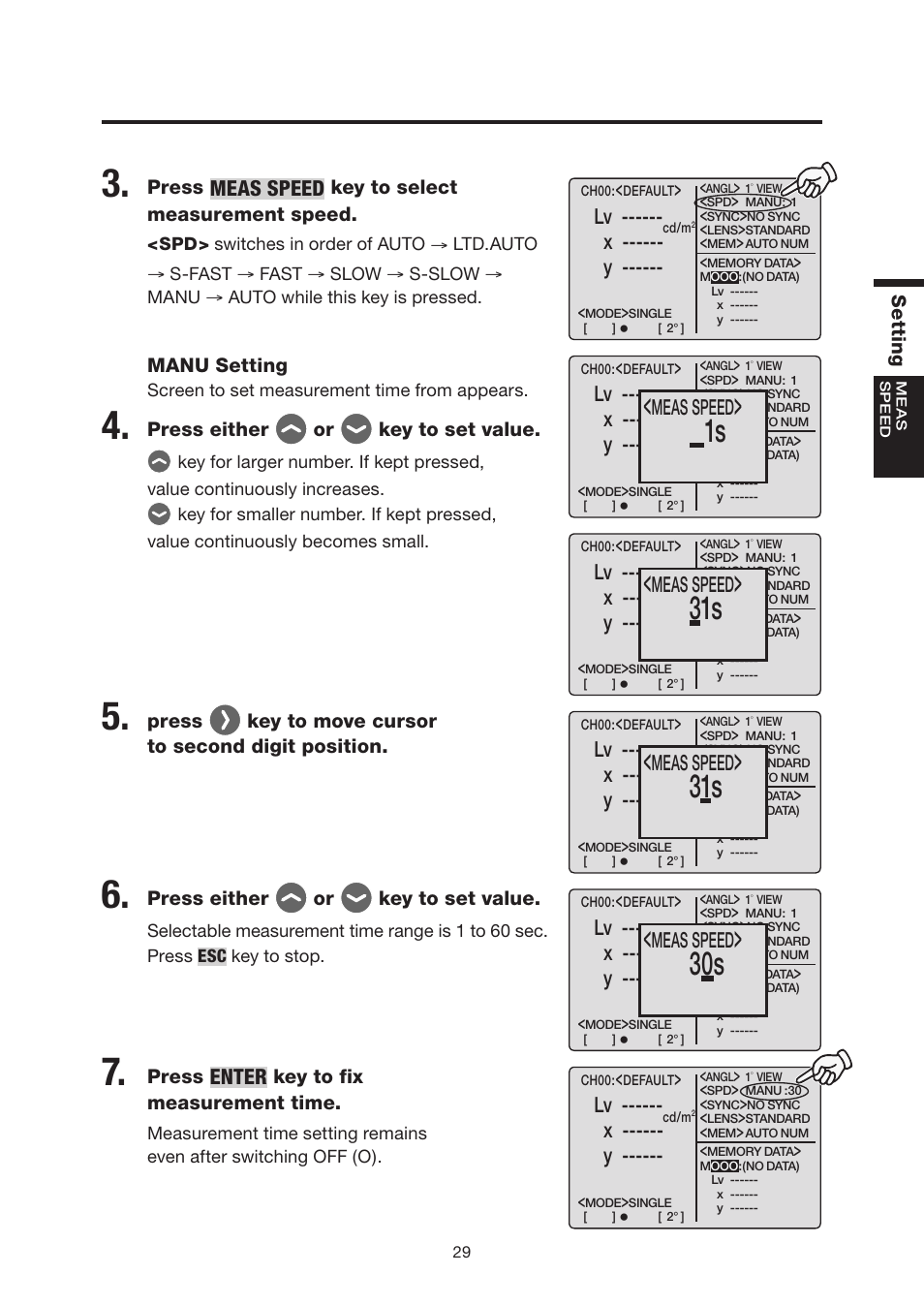 Meas speed, Enter, X ------ y | Konica Minolta Chroma Meter CS-200 User Manual | Page 31 / 124