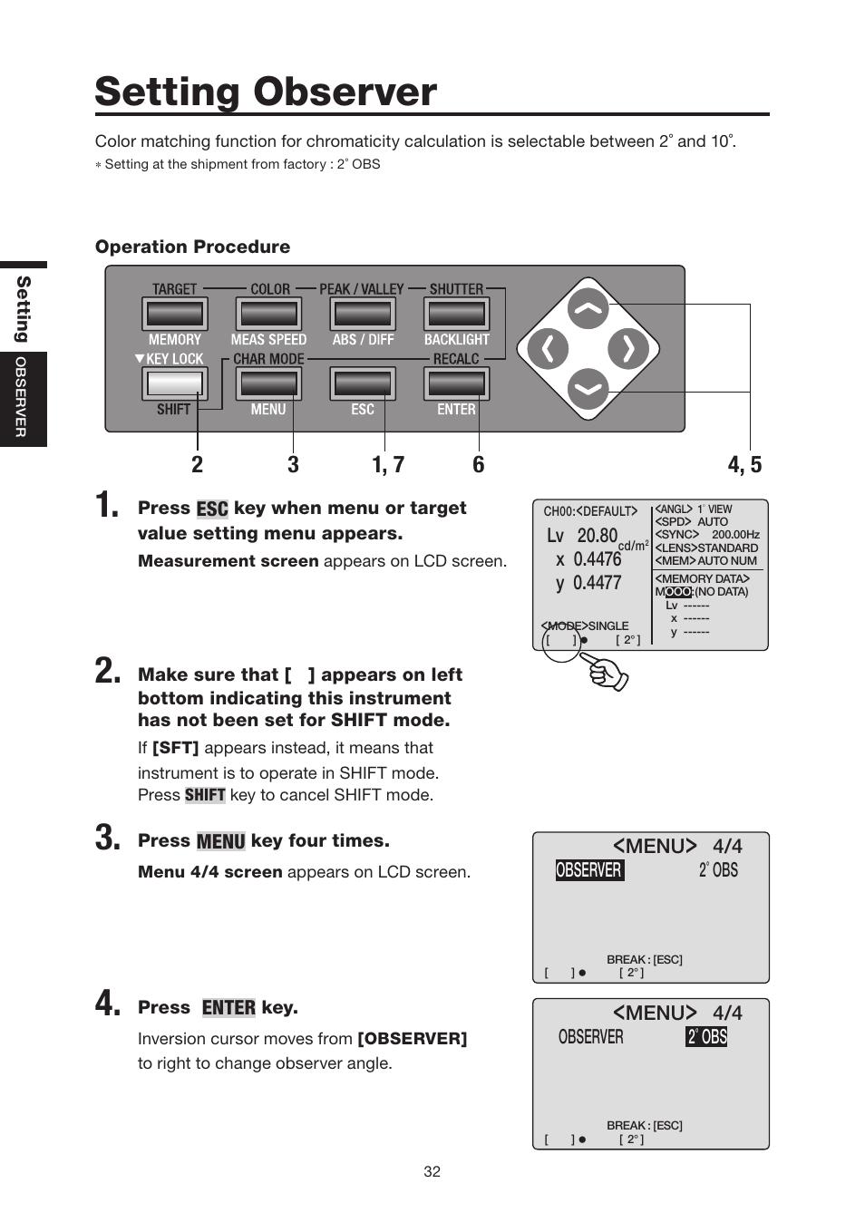 Setting observer | Konica Minolta Chroma Meter CS-200 User Manual | Page 34 / 124