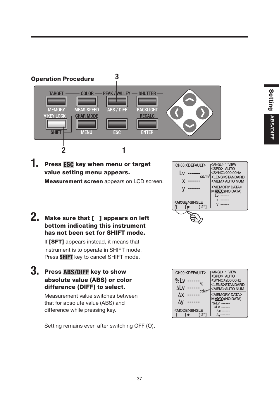 Abs/diff, X ------ y, Δx ------ δy | Konica Minolta Chroma Meter CS-200 User Manual | Page 39 / 124