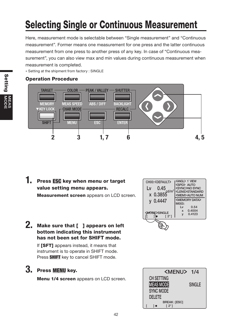 Selecting single or continuous measurement | Konica Minolta Chroma Meter CS-200 User Manual | Page 44 / 124