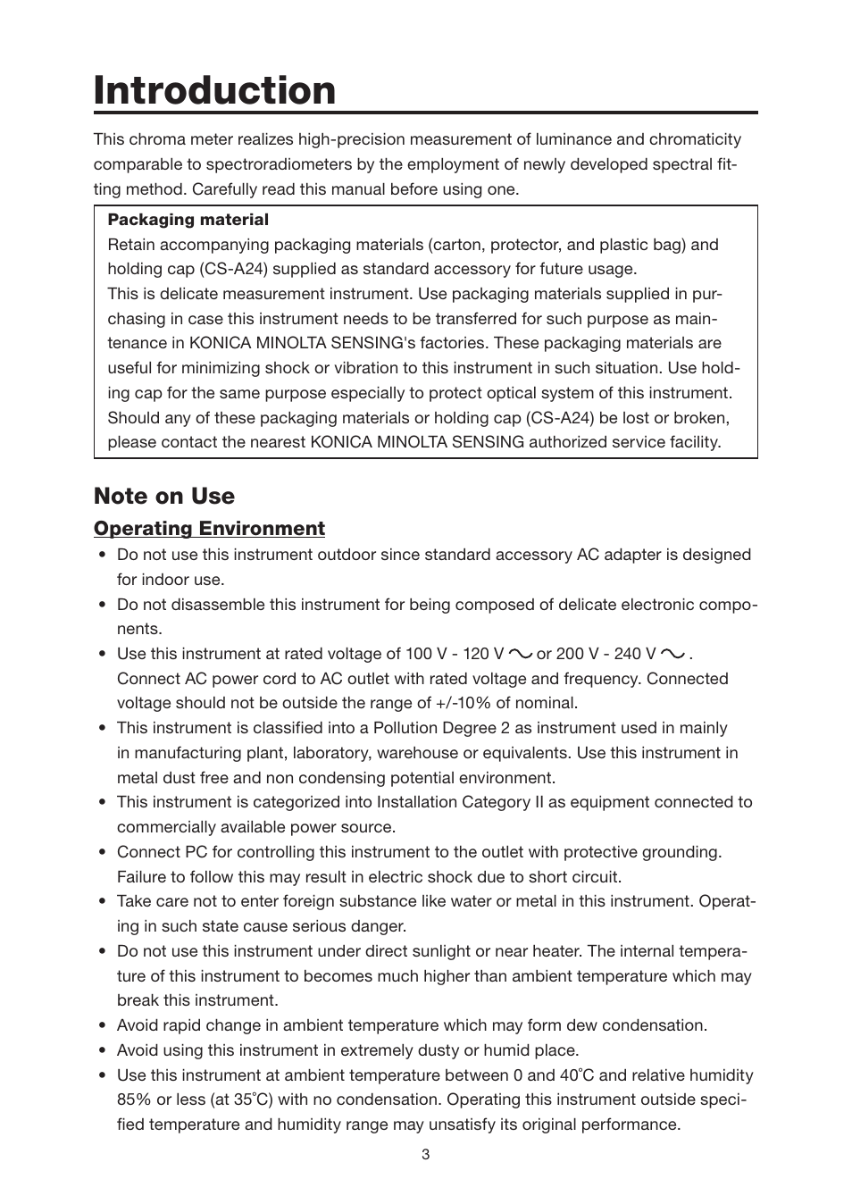 Introduction, Note on use | Konica Minolta Chroma Meter CS-200 User Manual | Page 5 / 124